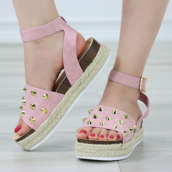Pink Platform Espadrille Sandals Gold Studded Ankle Strap Open Toe - Picture 7 of 13